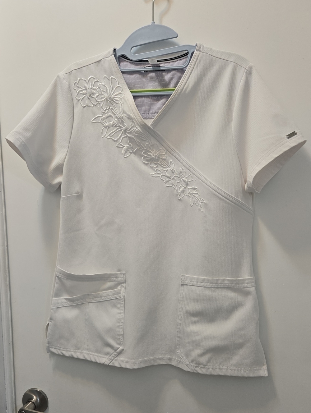 Elle White Floral Embroidered Wrap Scrub Top